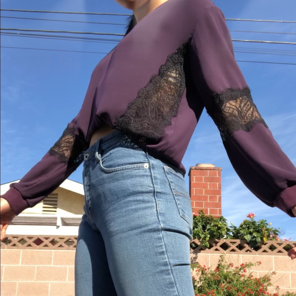 Eggplant Long Sleeve Blouse w/ Black Lace Details